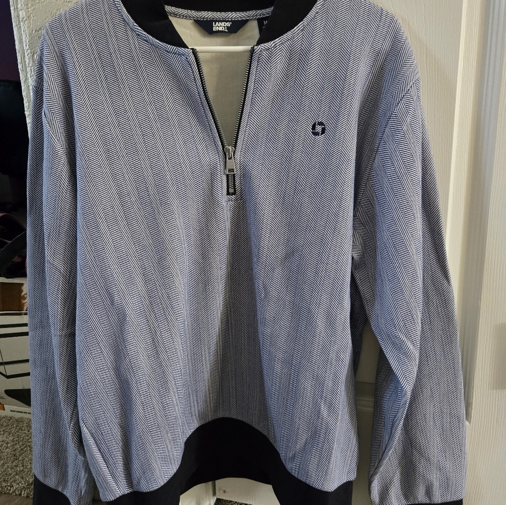 Lands' End Men's Blue and Black Chase Half Zip Sweater